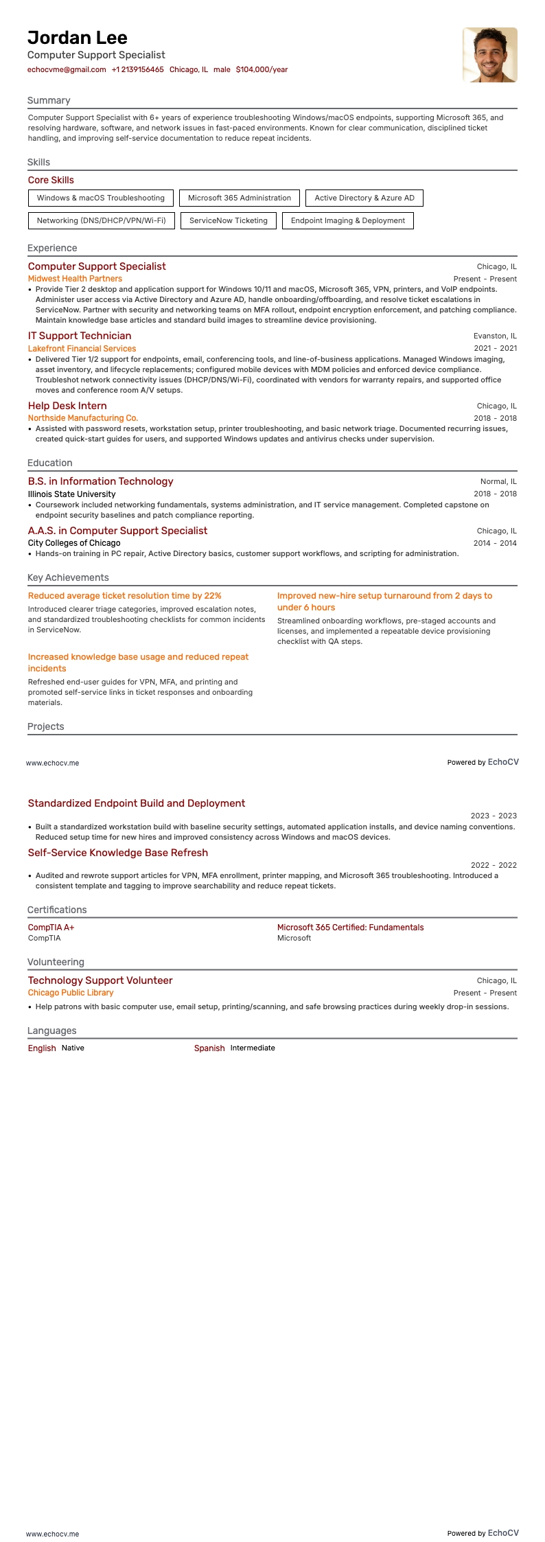 Computer Support Specialist example resume