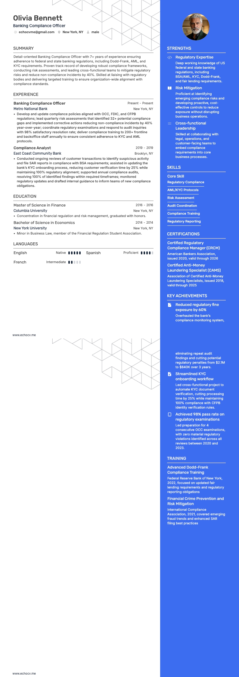 Banking Compliance Officer example resume