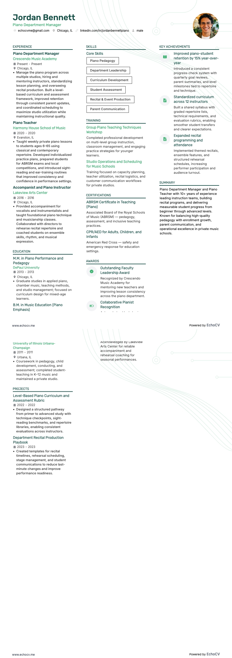 Manager pianoafdeling volledige voorbeeldweergave