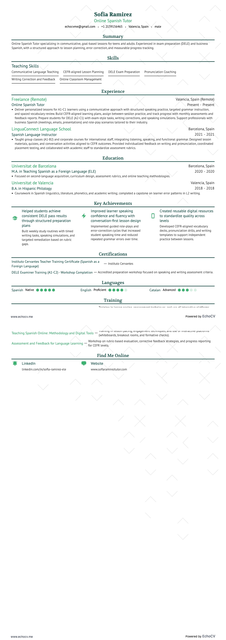 Professeur d'espagnol en ligne example resume