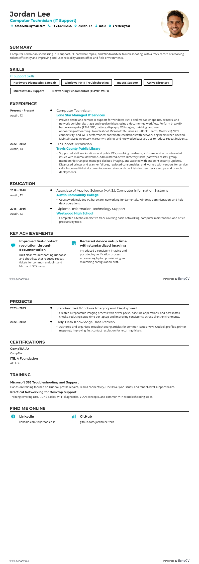 Computer Technician example resume