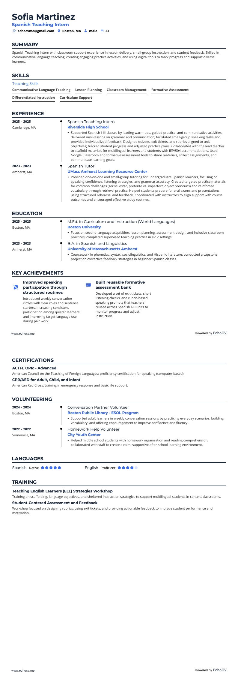 Professor(a) de espanhol resume example