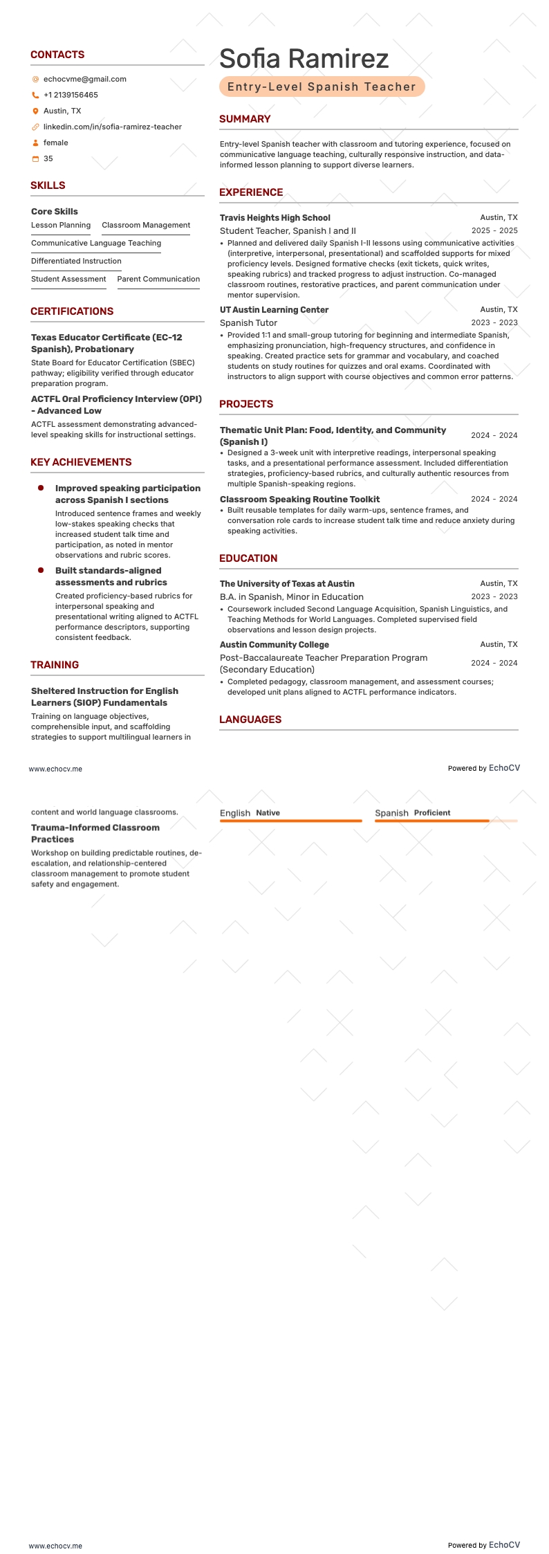 スペイン語教師 resume example