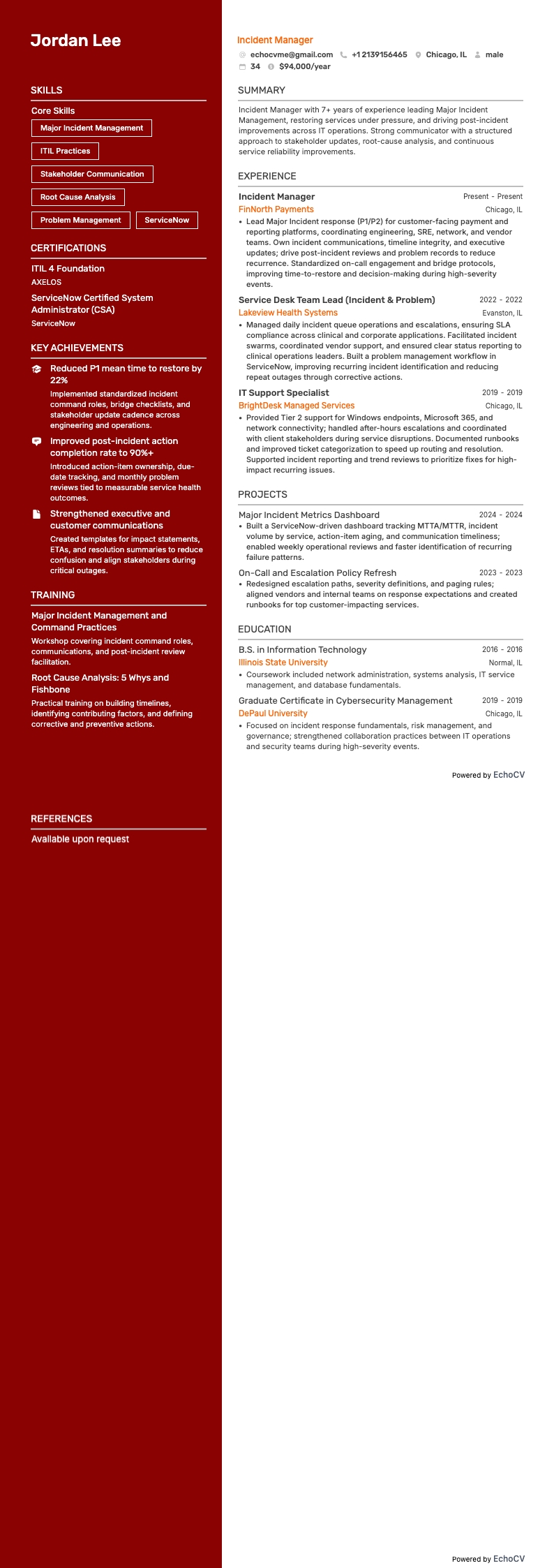 Incident Manager example resume