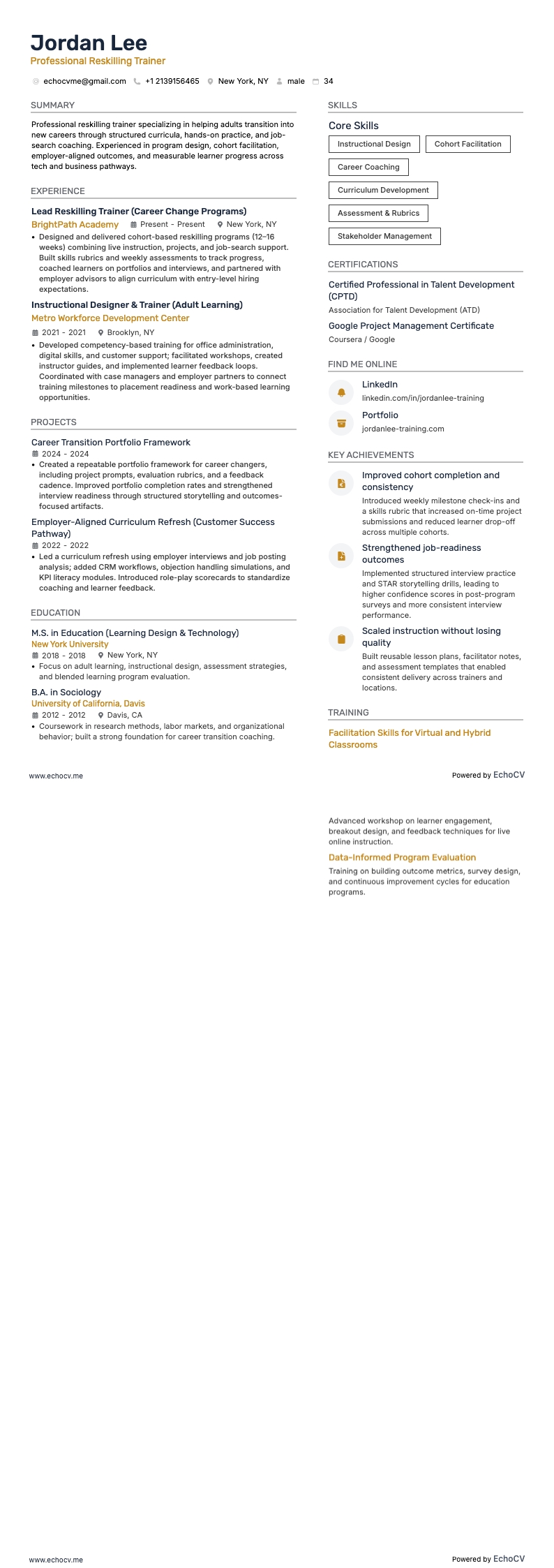 Professional Reskilling Trainer example resume