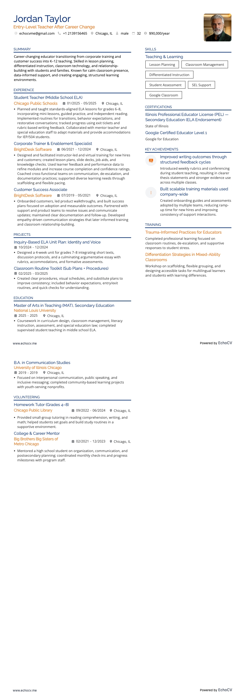 Entry-Level Teacher After Career Change example resume