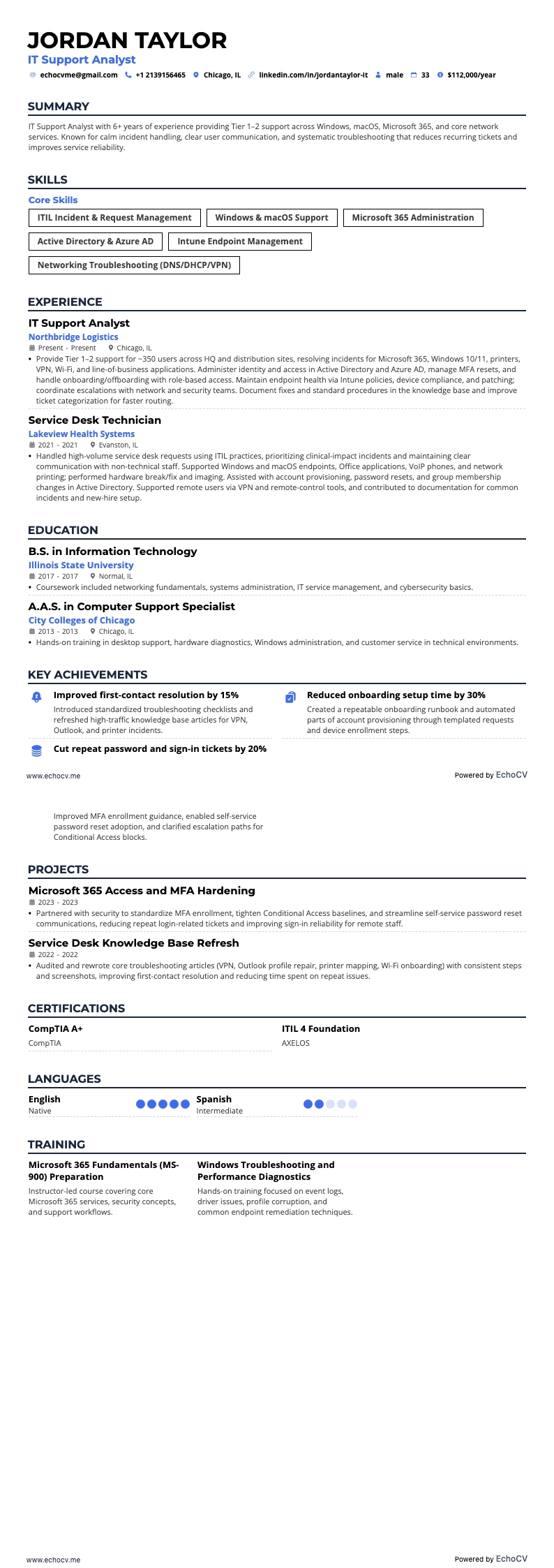 IT Support Analyst example resume