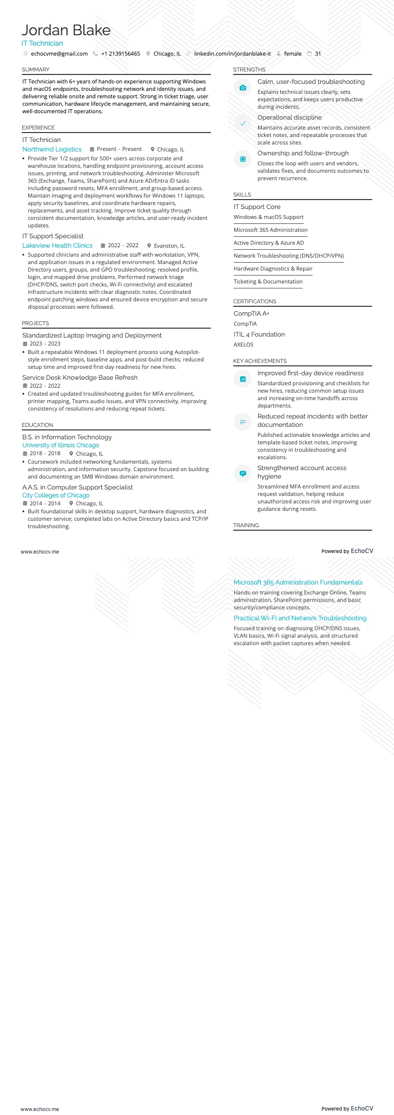 IT Technician example resume