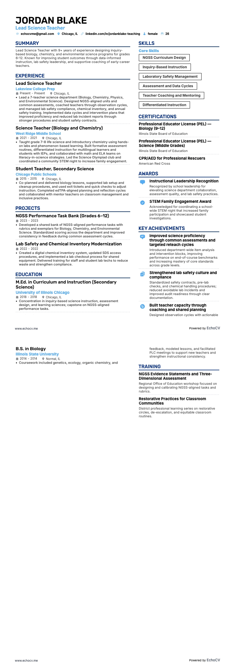 Lead Science Teacher example resume