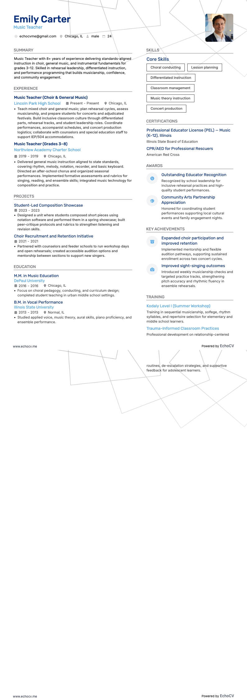 Professor de música example resume