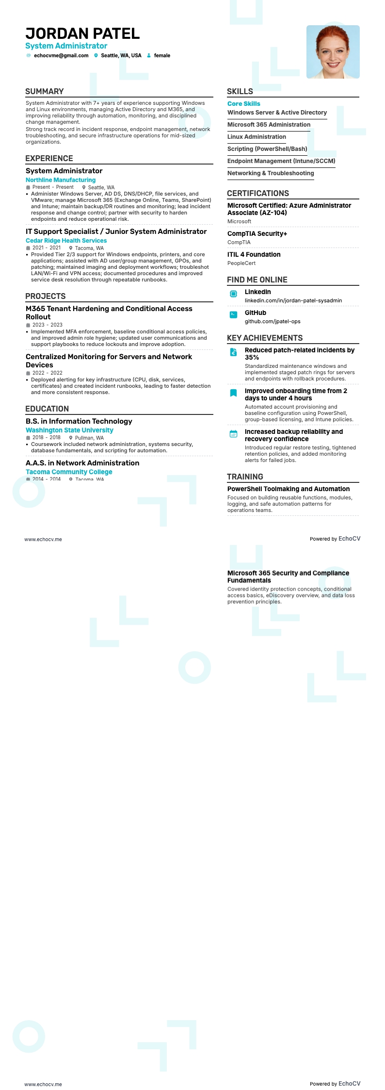 System Administrator example resume