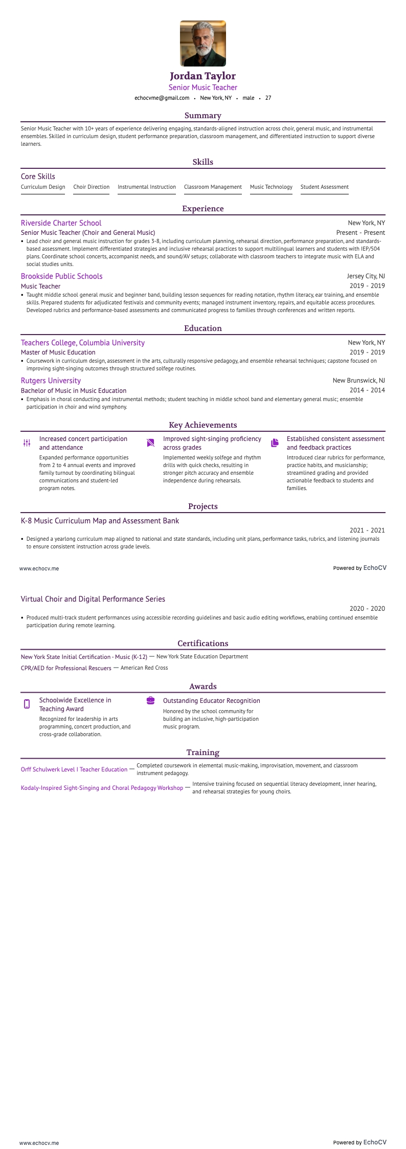 Professor de música sênior example resume