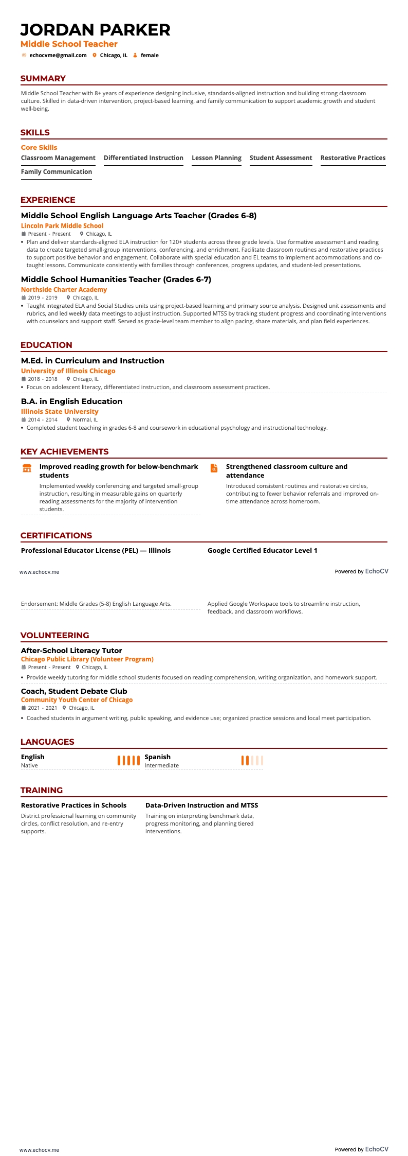 Profesor de secundaria example resume