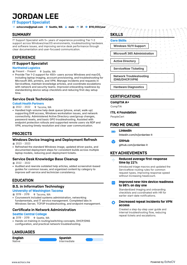 IT Support Specialist example resume