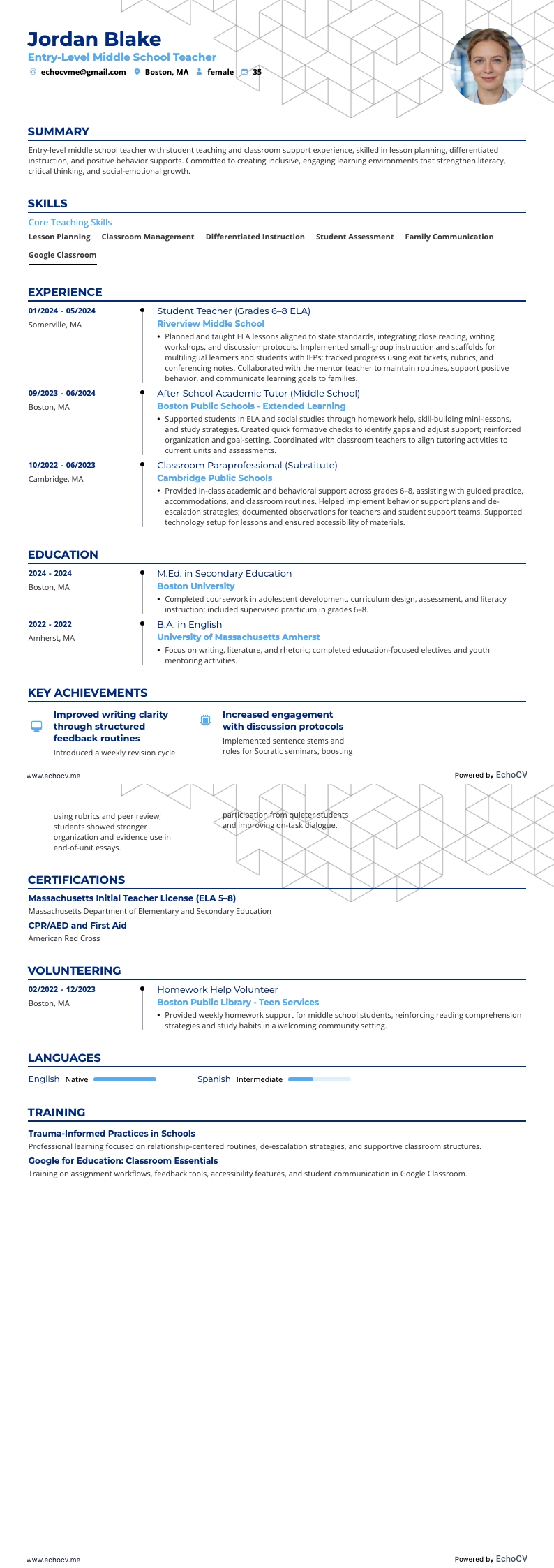 Profesor de secundaria de nivel inicial example resume