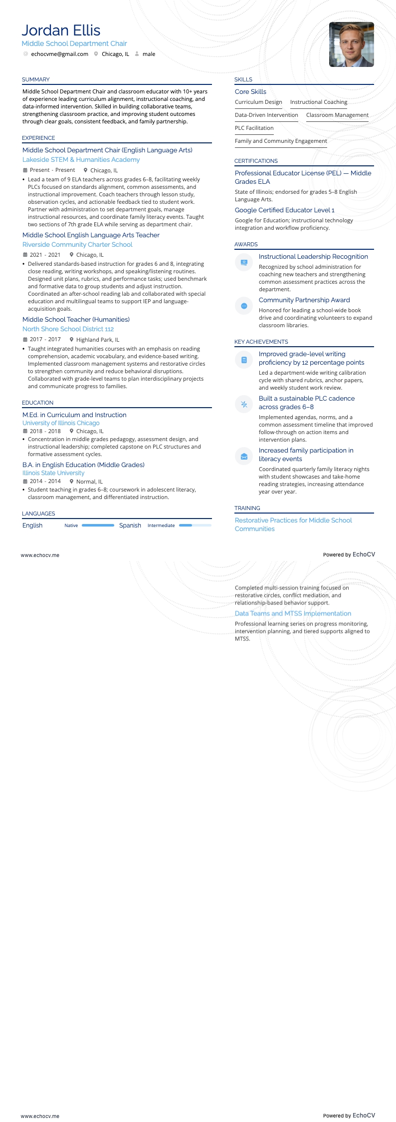 Profesor/a de escuela secundaria resume example