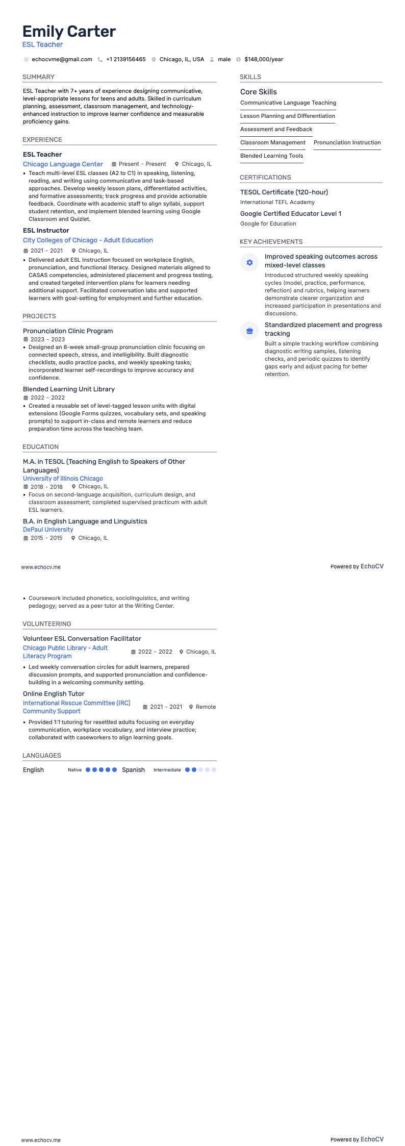 Professeur d'ESL example resume