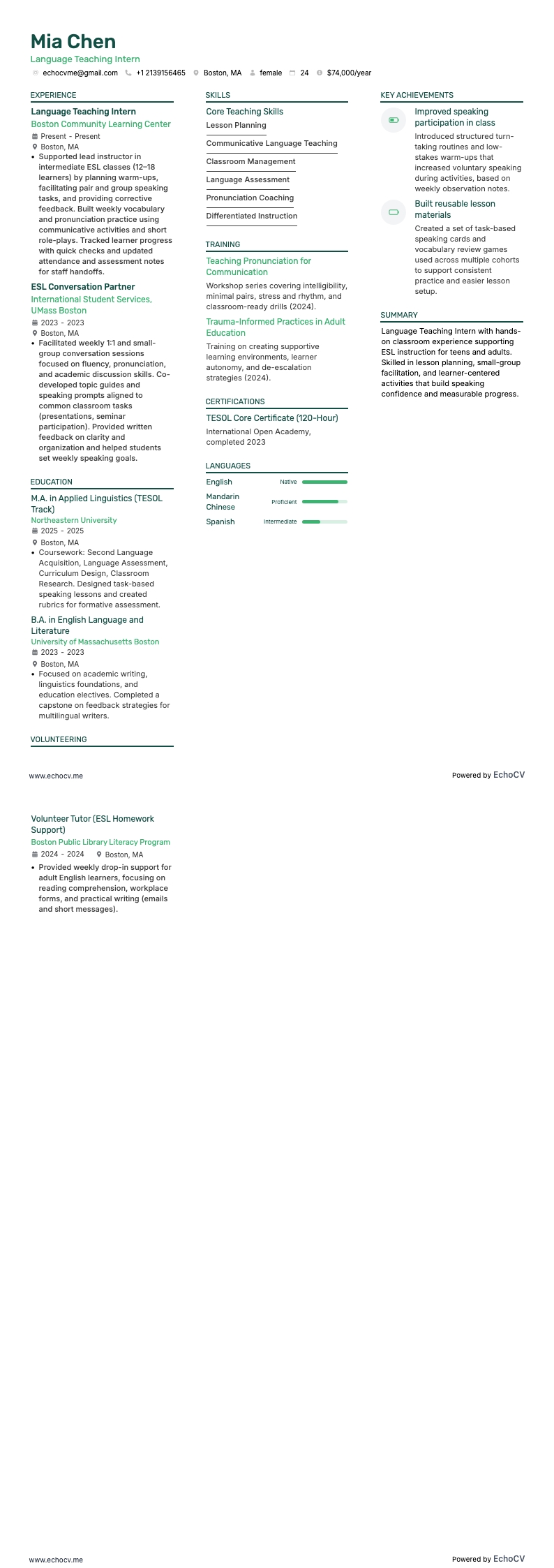 Professeur de langues resume example