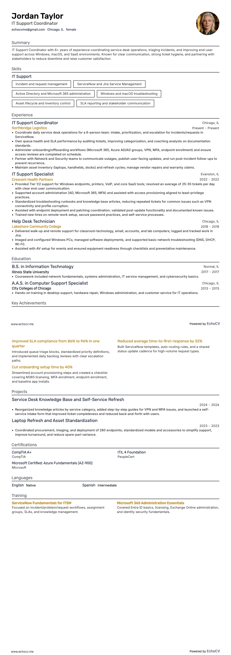 IT Support Coordinator example resume
