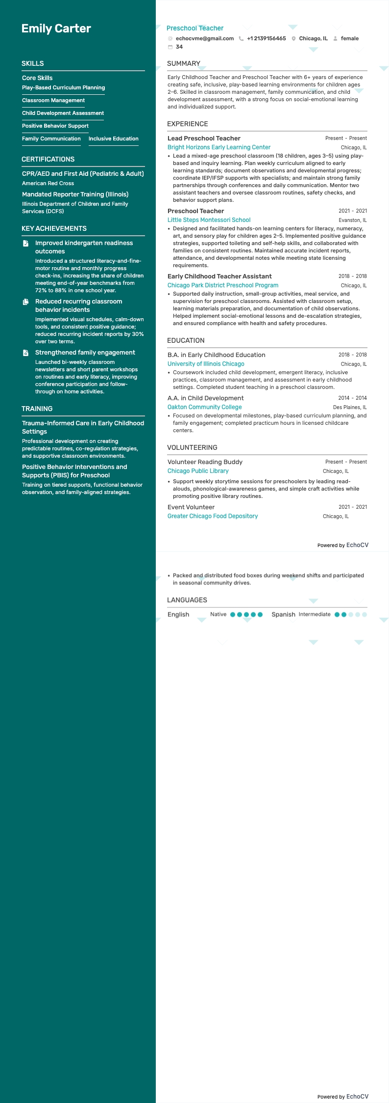 Preschool Teacher example resume