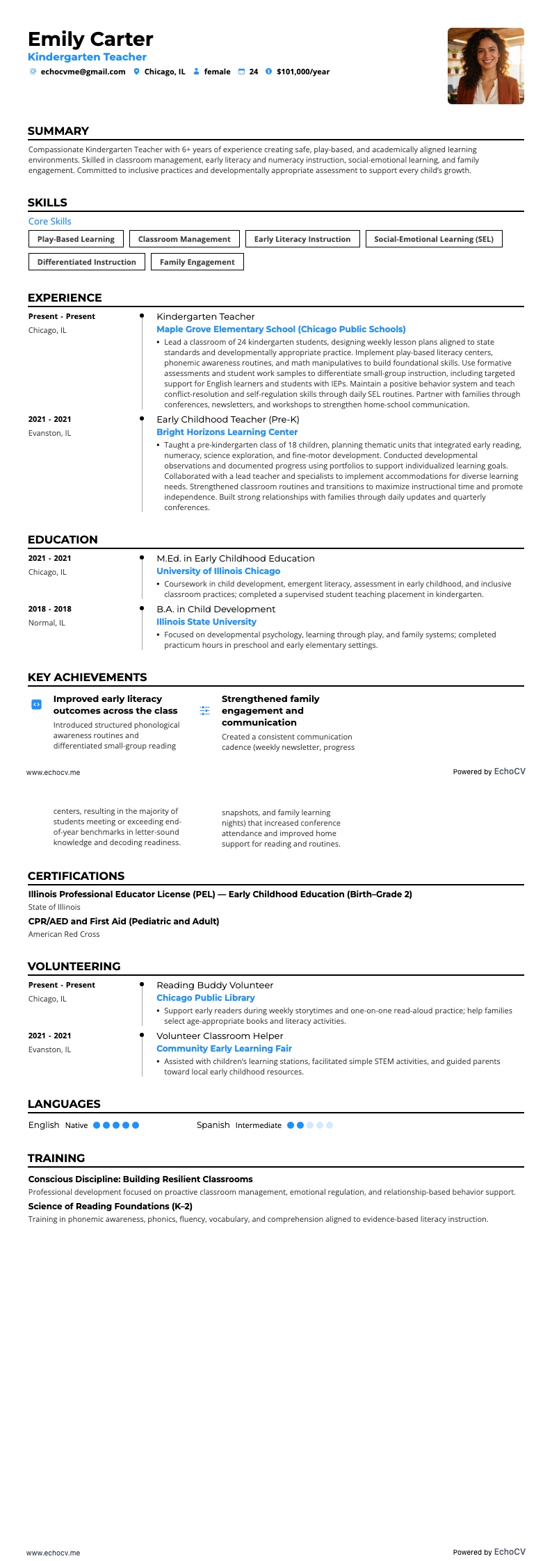 Kindergarten Teacher example resume