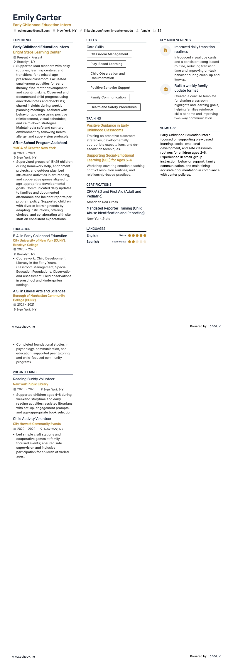 Early Childhood Education Intern example resume