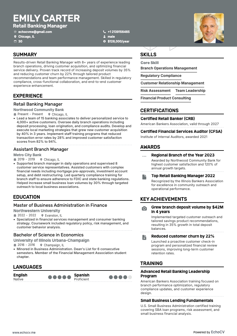 Retail Banking Manager example resume
