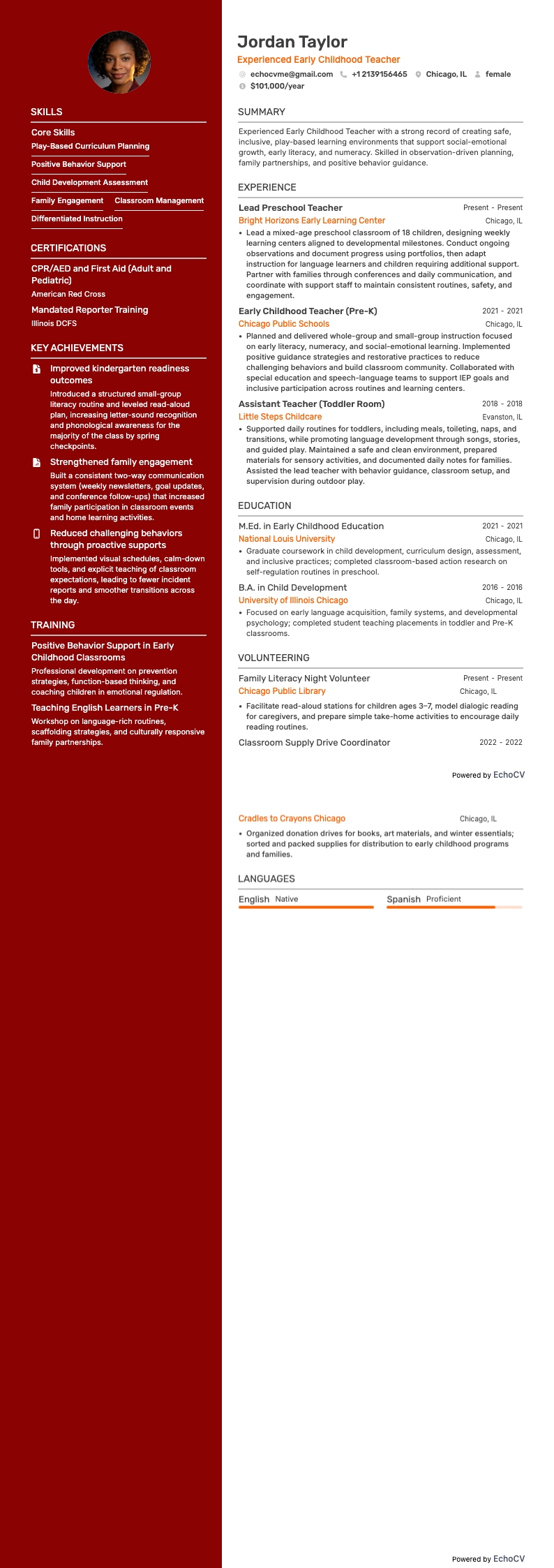 幼儿教师 resume example