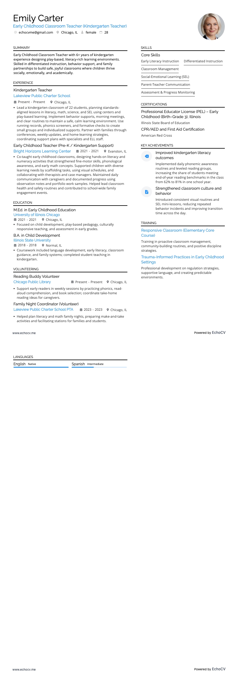 Docente de educación infantil example resume