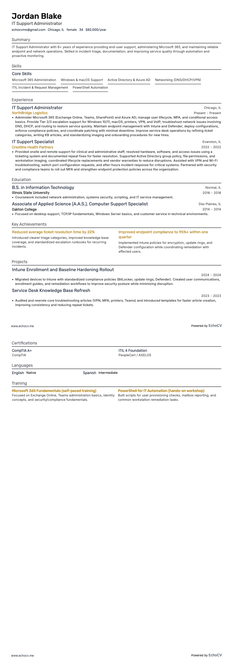 IT Support Administrator example resume