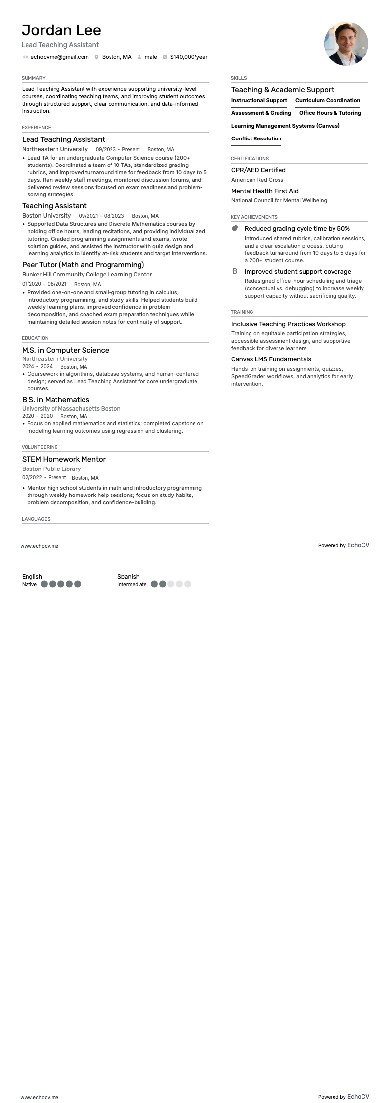 Vista previa completa de Asistente de docencia principal