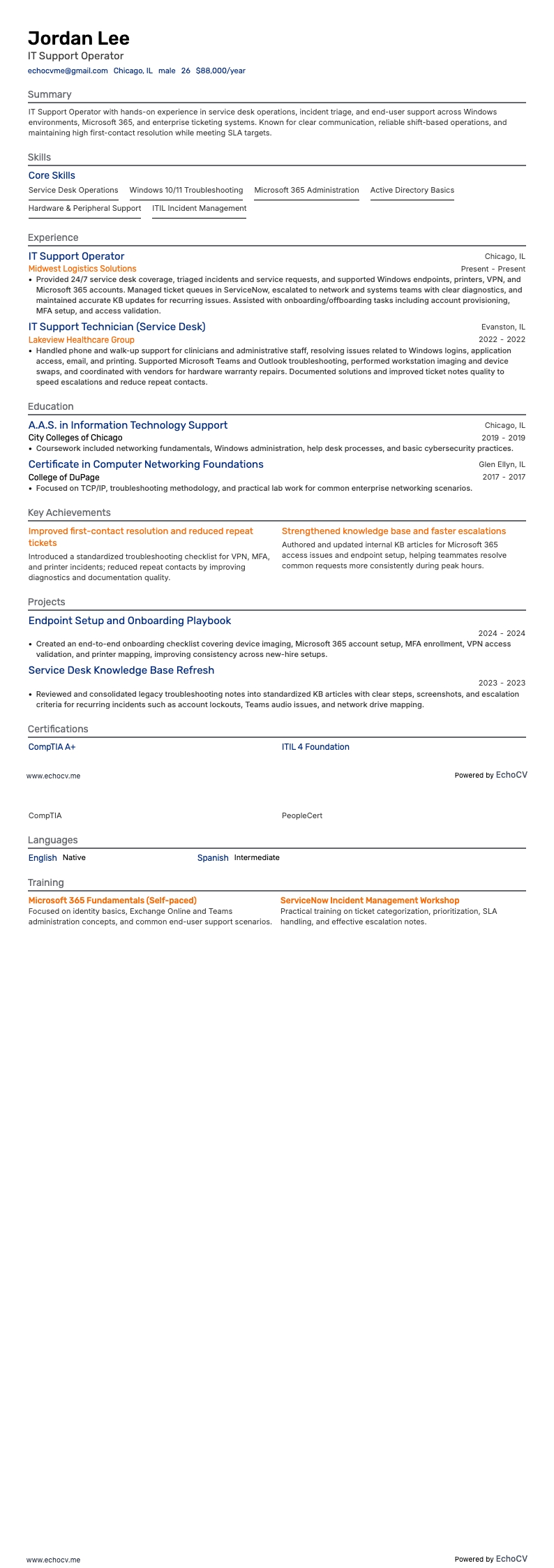 IT Support Operator example resume