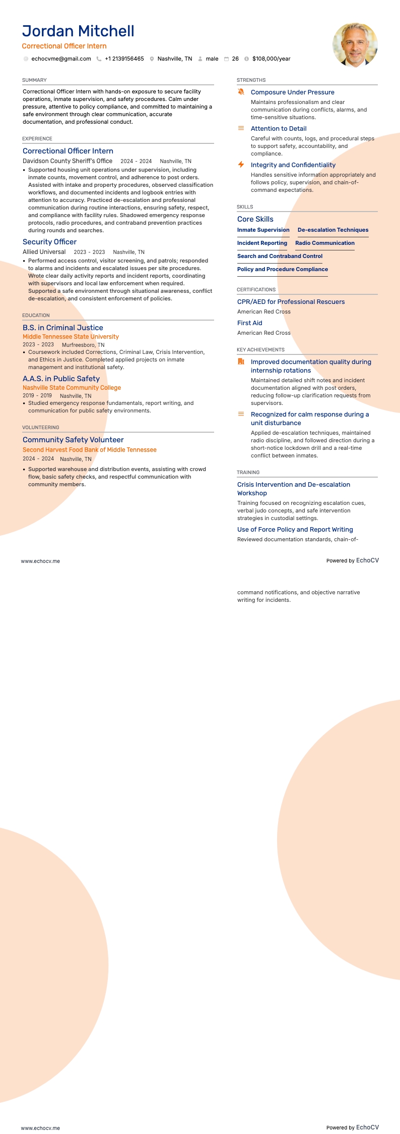 惩教官实习生 example resume