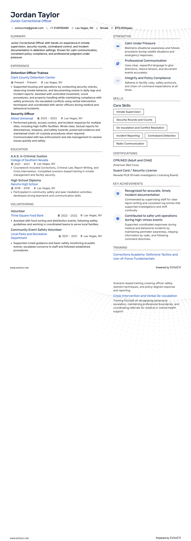 初级狱警 example resume