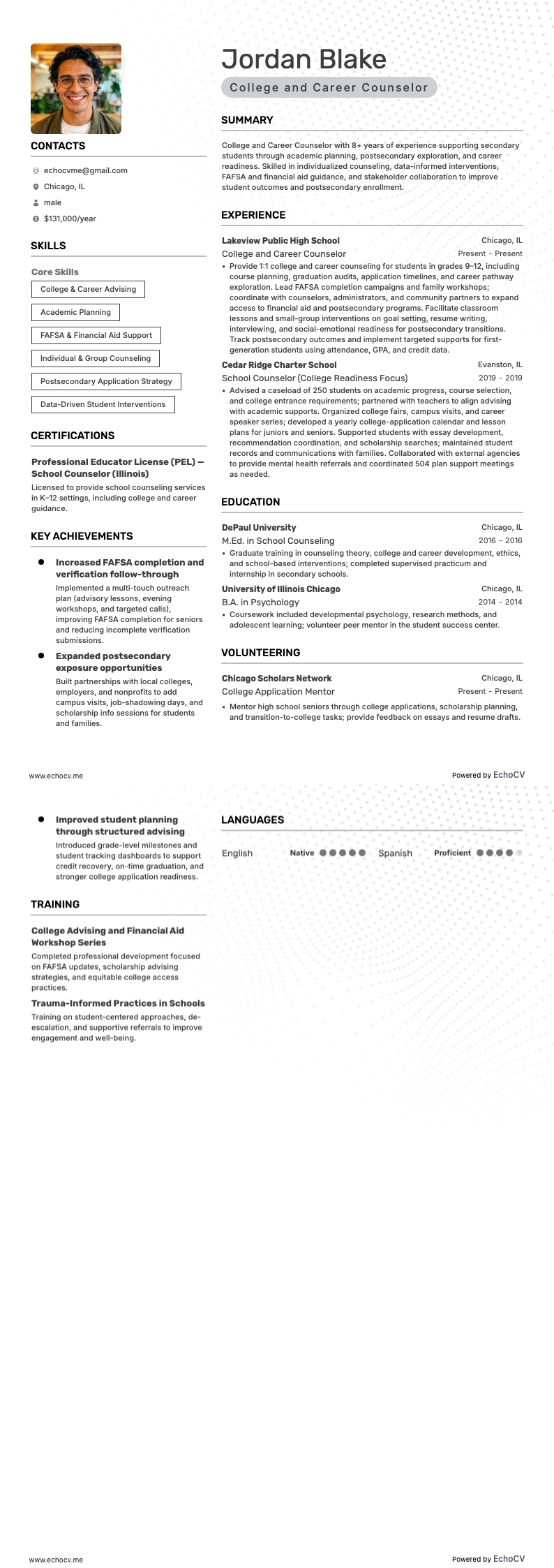 Consulente accademico e professionale example resume