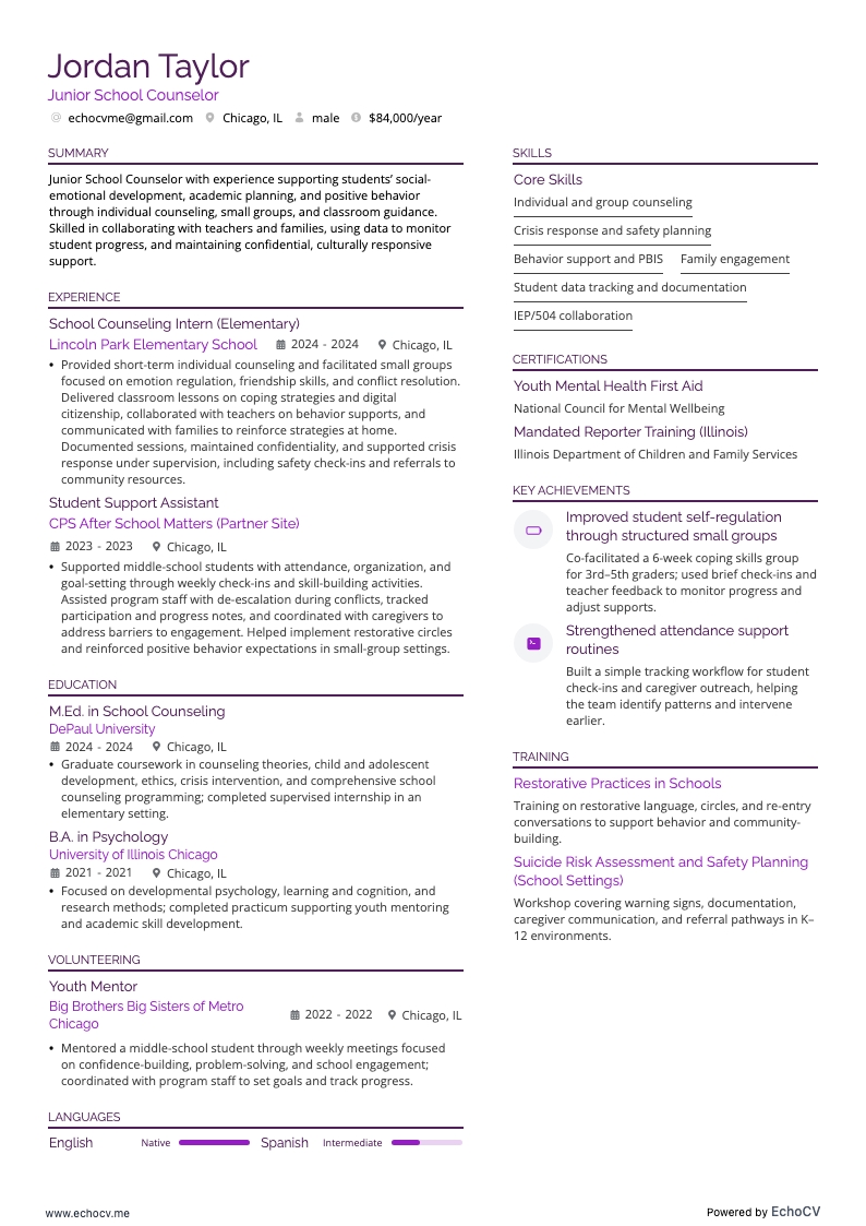 Consulente scolastico junior example resume