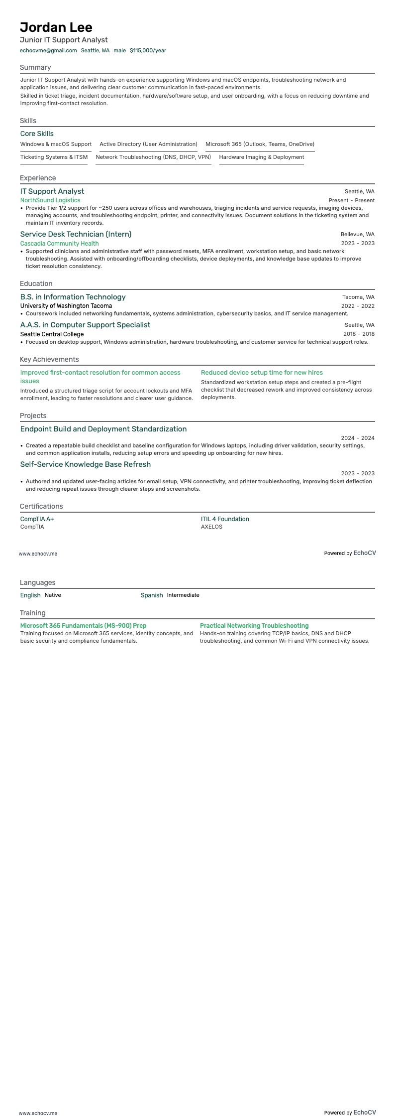 Junior IT Support Analyst example resume