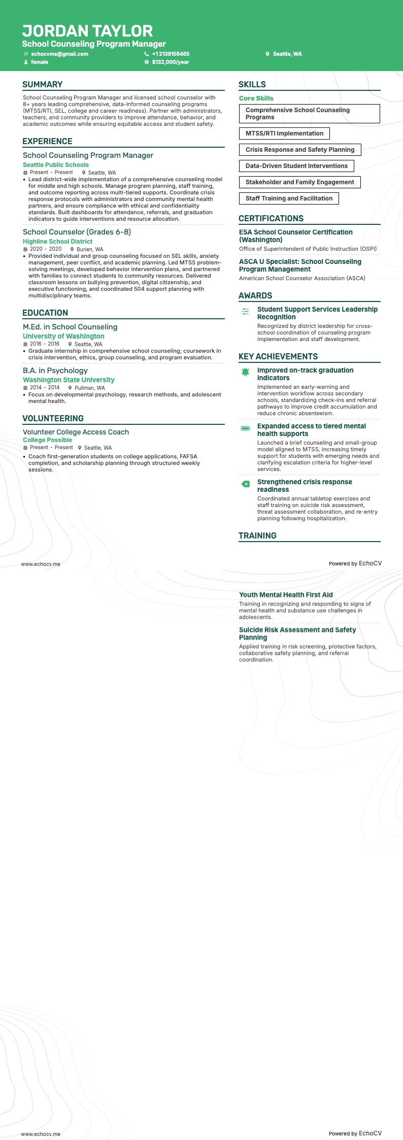 Responsabile del programma di consulenza scolastica resume example