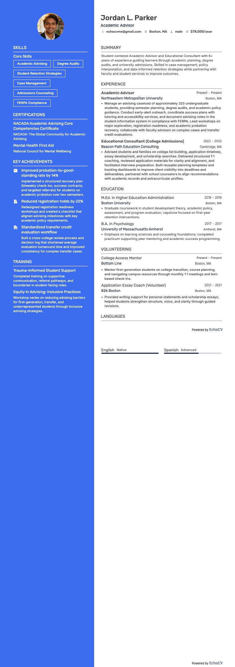 Academic Advisor example resume