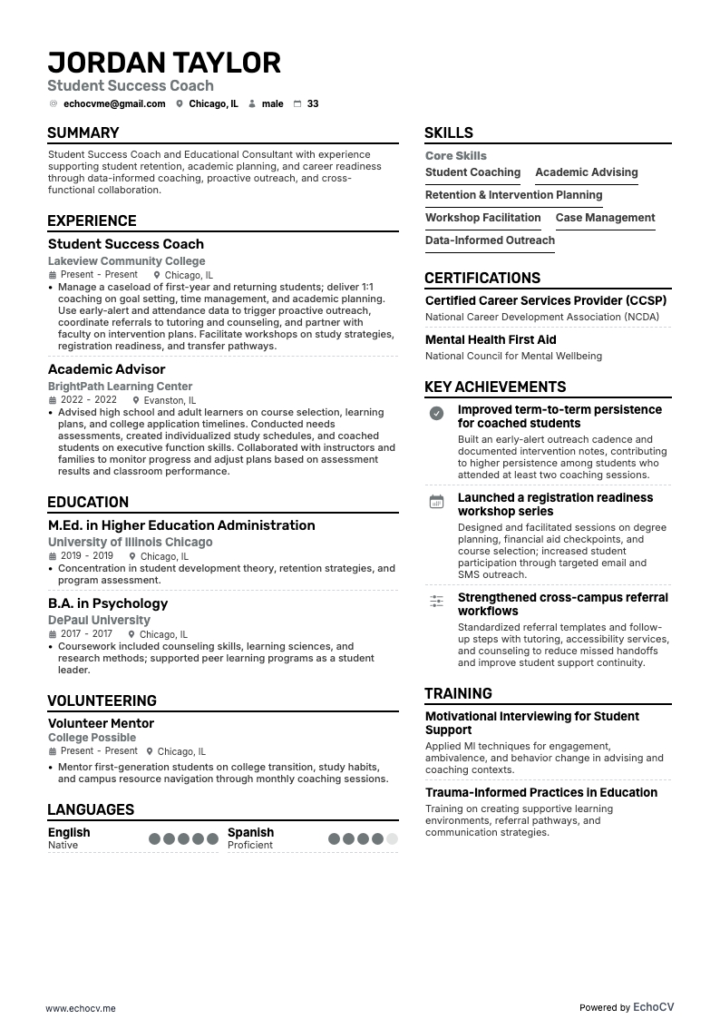 Student Success Coach example resume