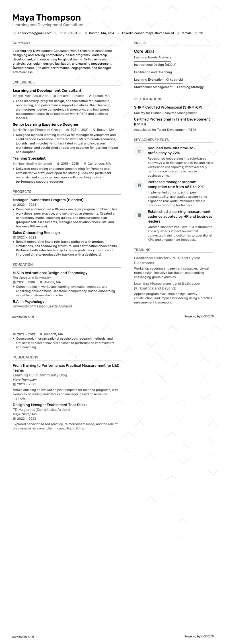 Learning and Development Consultant example resume
