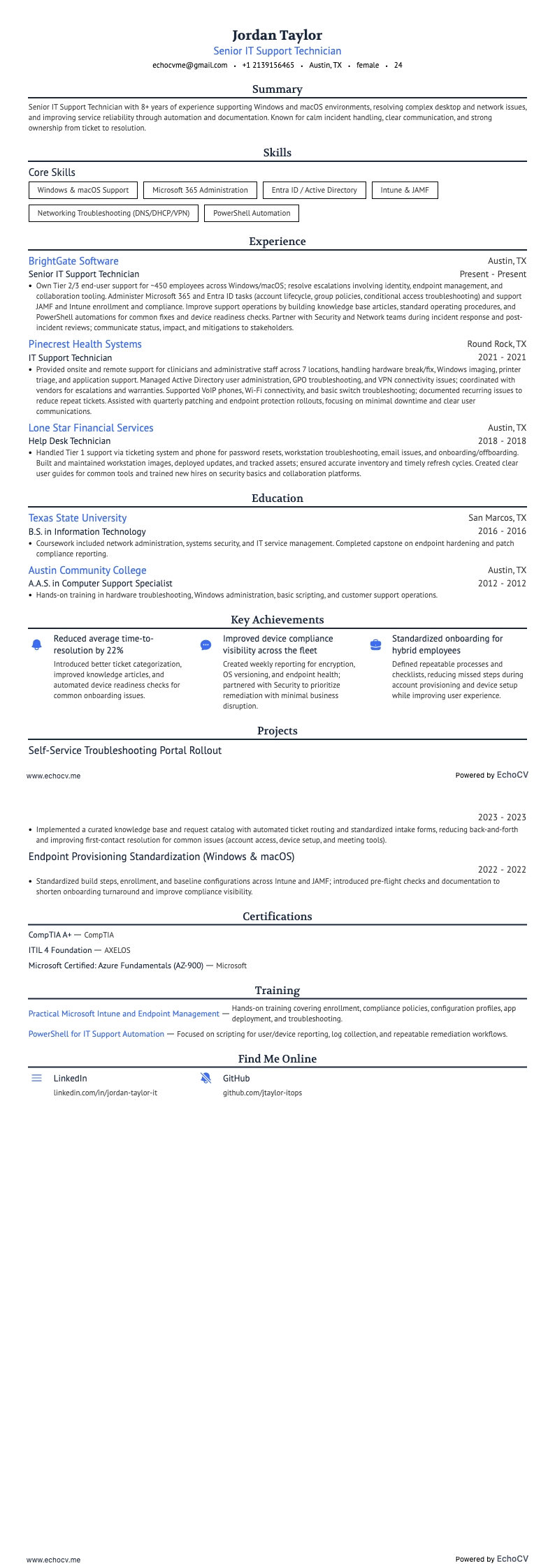 Senior IT Support Technician example resume