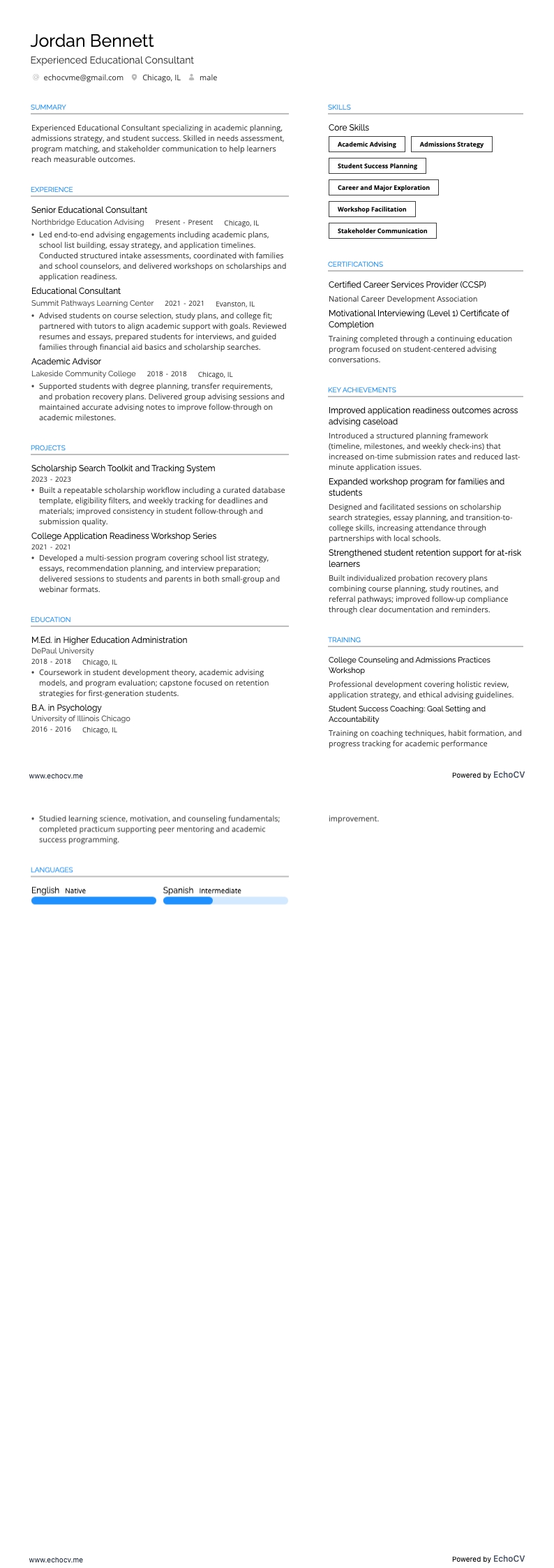 Experienced Educational Consultant example resume