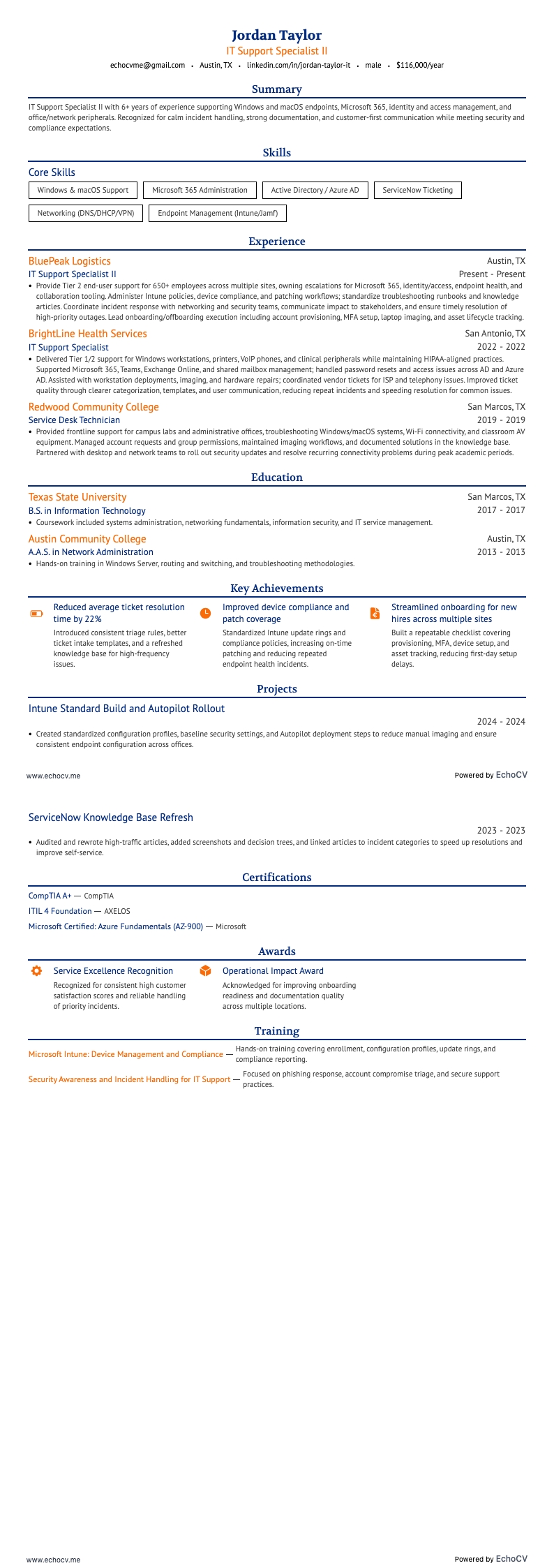 IT Support Specialist II example resume
