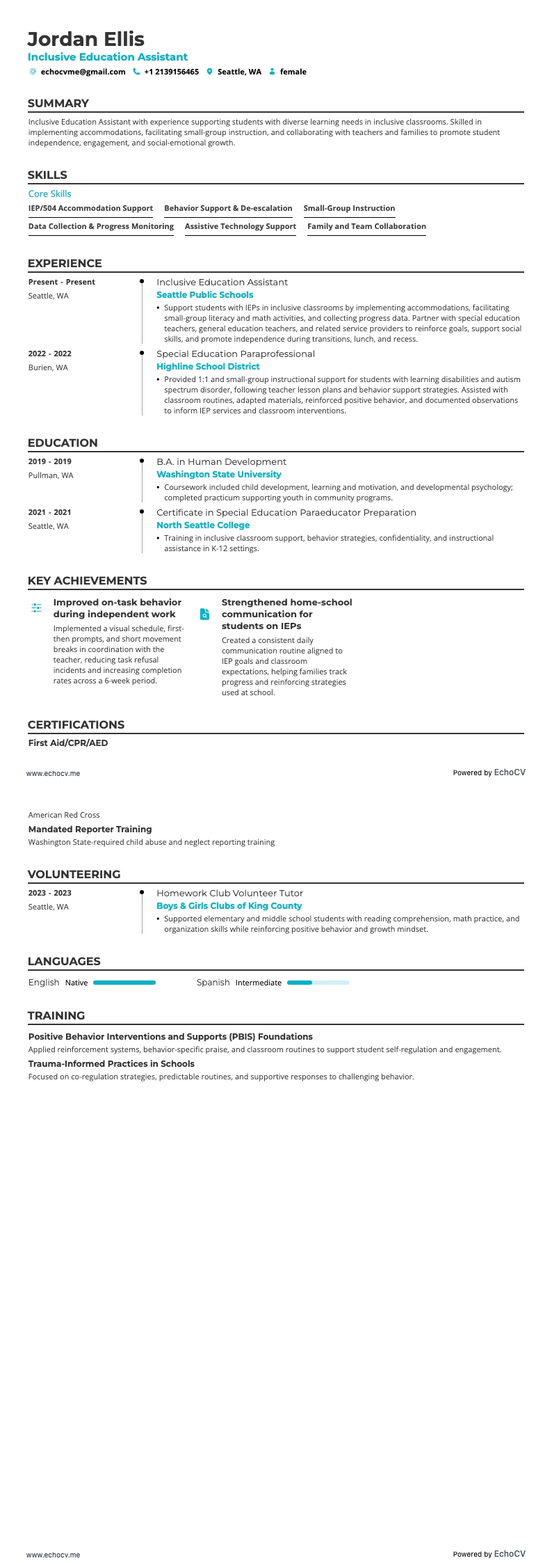 Inclusive Education Assistant example resume