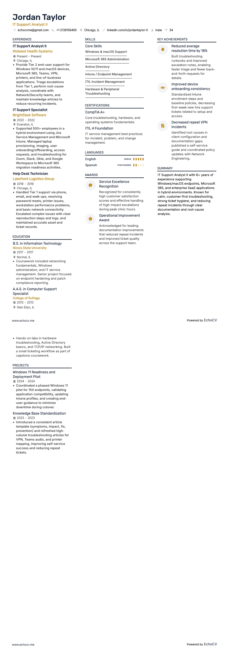 IT Support Analyst II example resume