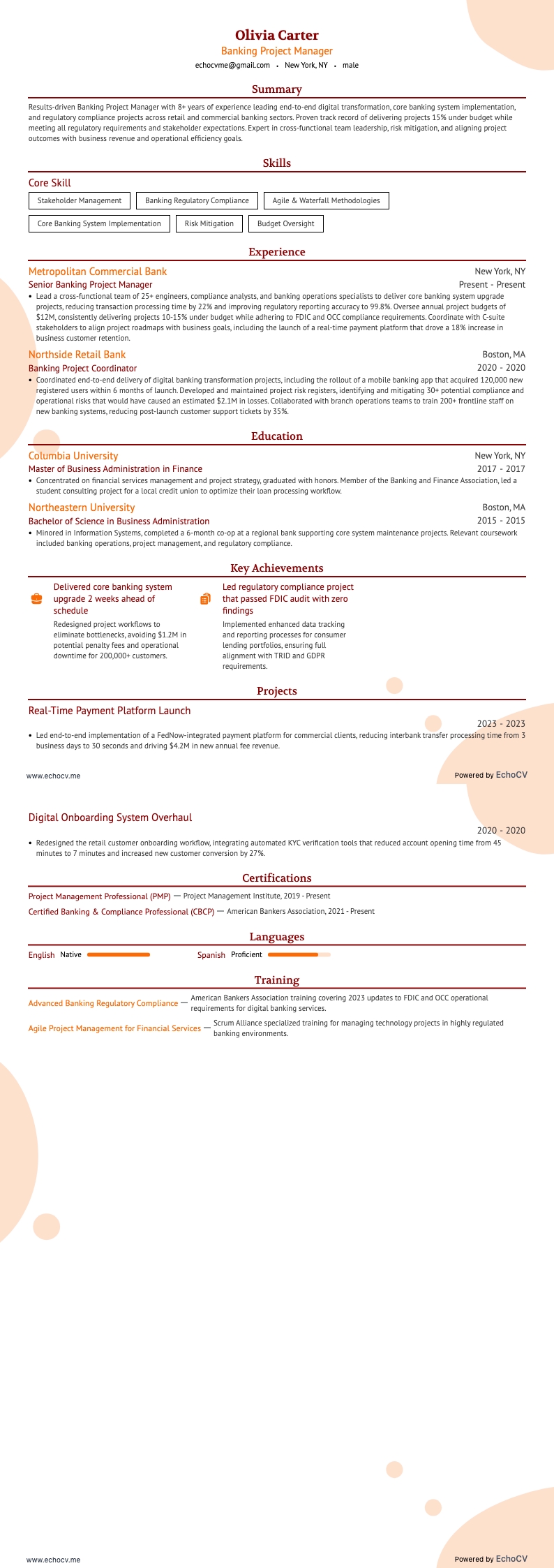 Banking Project Manager example resume