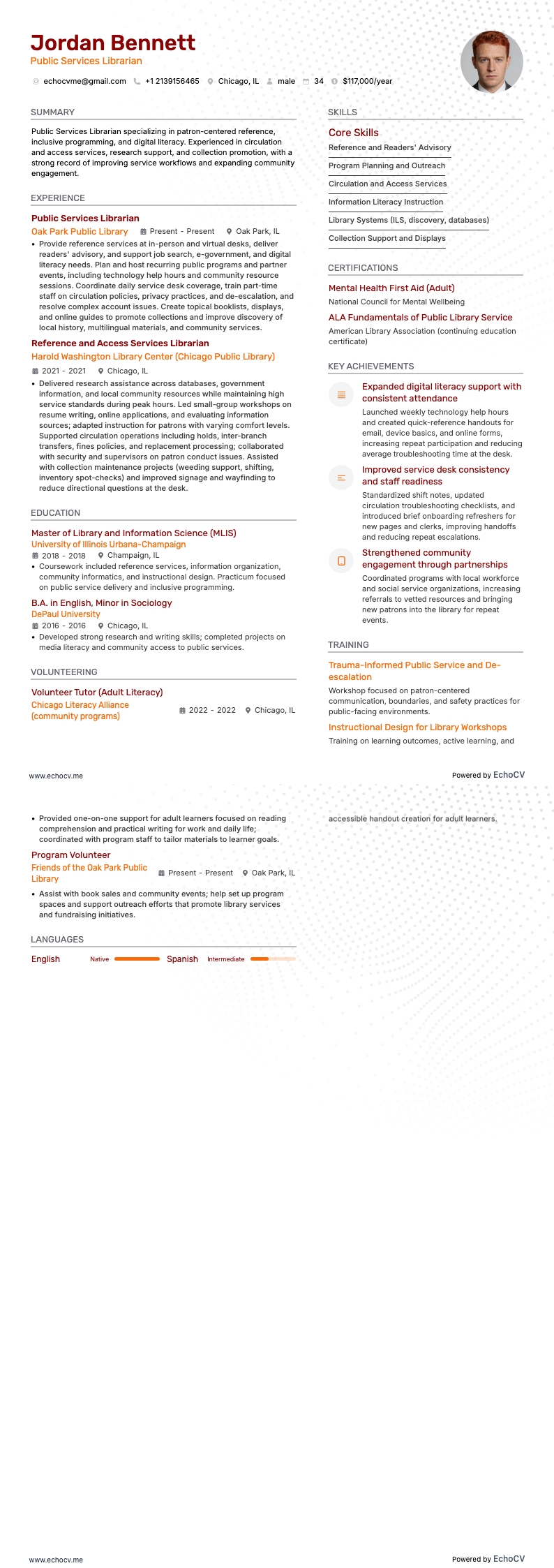 Public Services Librarian example resume