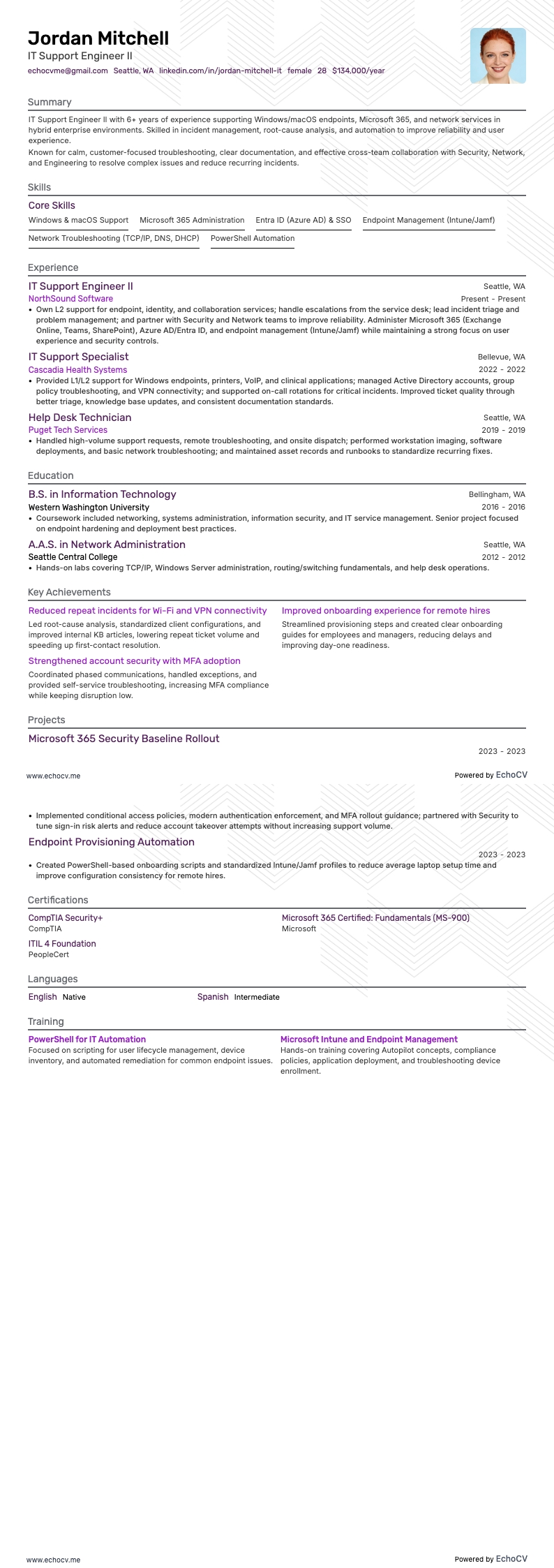 IT Support Engineer II example resume