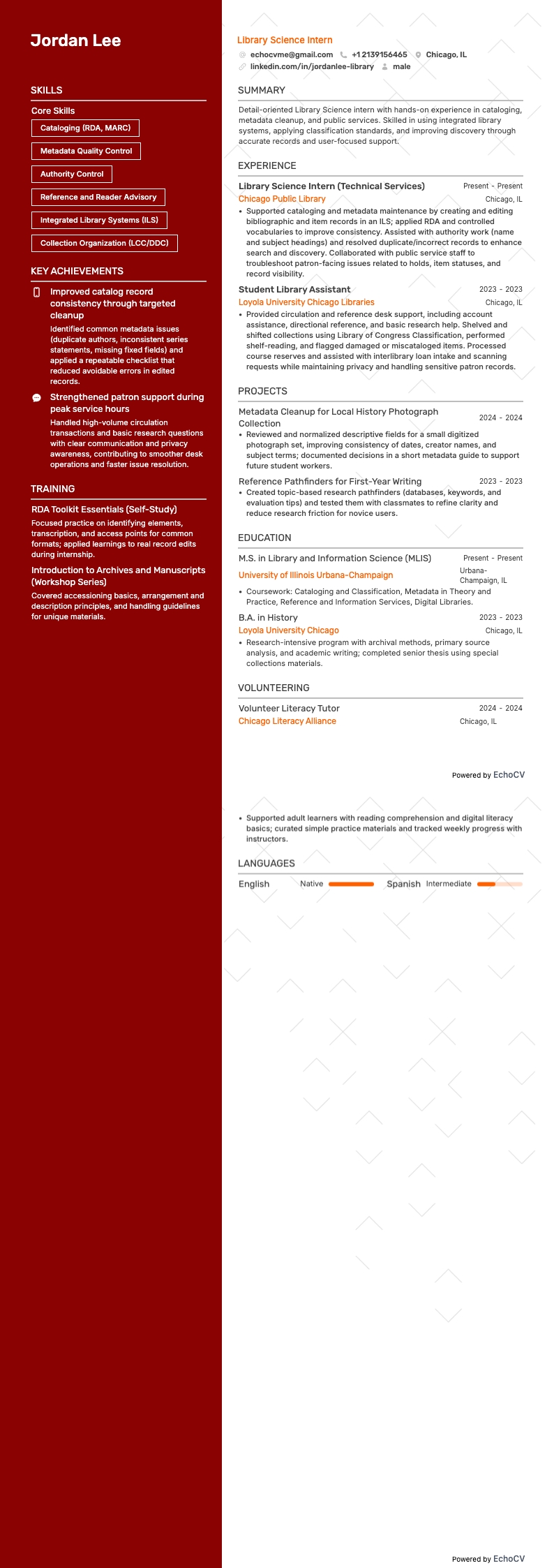 Library Science Intern example resume